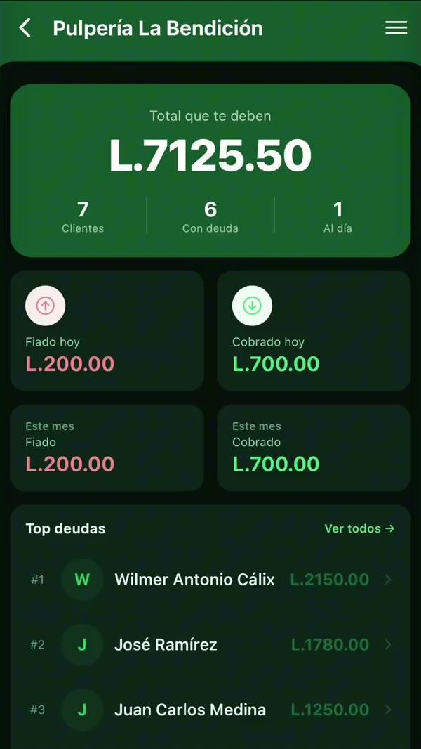 Pantalla de FiadoApp con el total que le deben al negocio